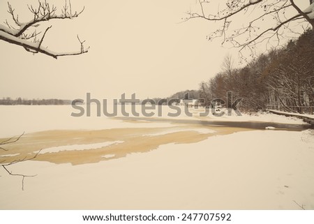 snowy winter forest landscape with snow covered trees in country - aged photo effect, vintage retro
