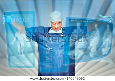 Doctor in uniform with X-rays and digital  screens