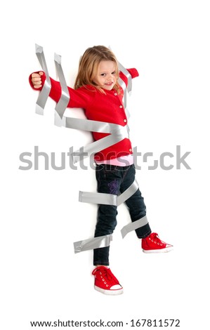 Young girl tied to the wall with duct tape