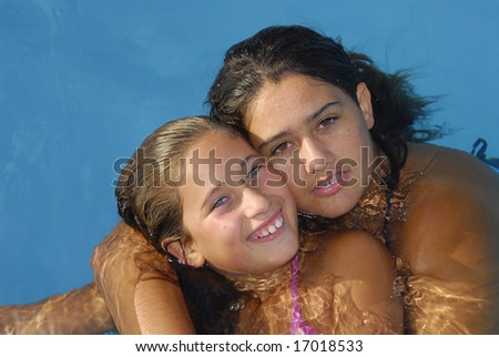 Two girls in the pool posing