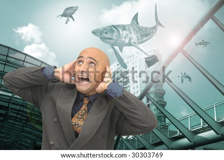 Businessman screaming with business sharks all around