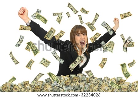 Business Woman With Money Around Isolated Against A White Background ...