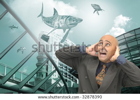 Businessman screaming with business sharks all around