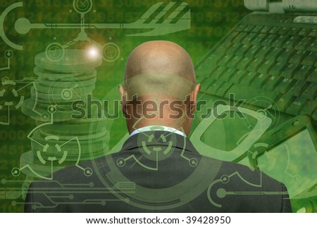 Man\'s head in green background with numbers and hi-tech symbols