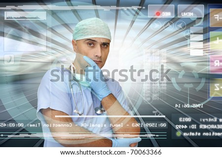 Doctor in medical facilities with modern screen
