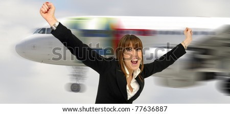 happy woman with a plane in the background