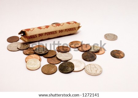 Roll of pennies with coins