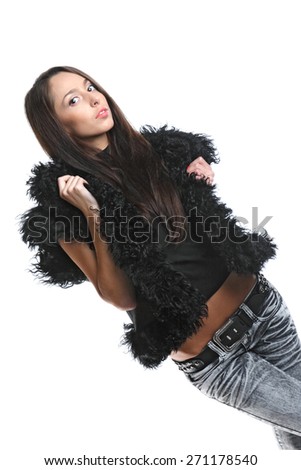 active model with a good figure in full growth, fashionable clothes, photo shoot