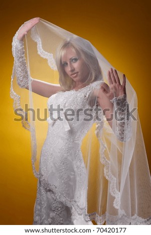 portrait of a bride with a fan on a yellow background