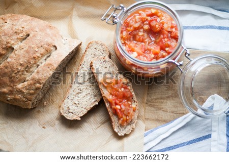 freshly baked multigrain bread with tomato sauce, garlic, ginger and onions