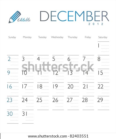 Vector Calendar 2012 December - 82403551 : Shutterstock