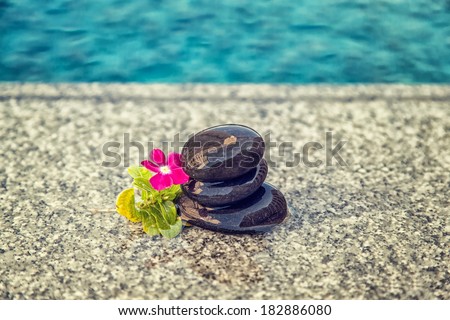 Zen massage black spa stones with pink flower near the pool