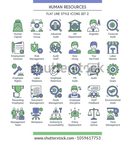 Business management and human resources icons. Modern icons on theme business people, analysis, organization, conference and office working. Flat line design icons collection. Vector illustration