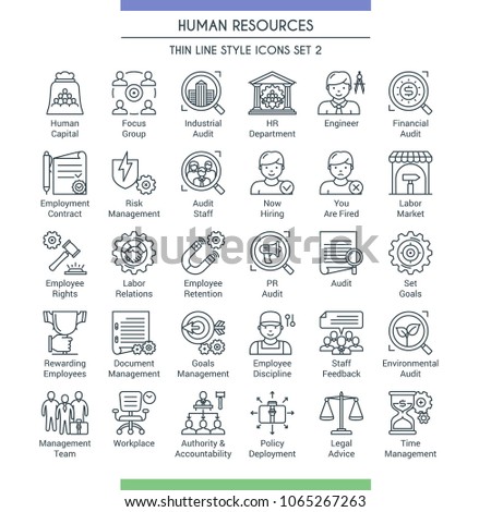 Business management and human resources icons. Modern icons on theme business people, analysis, organization, conference and office working. Thin line design icons collection. Vector illustration