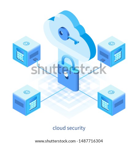 Cloud security concept. Isometric design concept on cloud computing theme. Vector illustration mock-up for website and mobile website. Landing page template