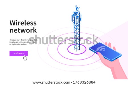 Hand with mobile phone pointing towards the antenna. 5G network wireless technology. Broadcasting tower for high speed internet communication. Isometric vector illustration