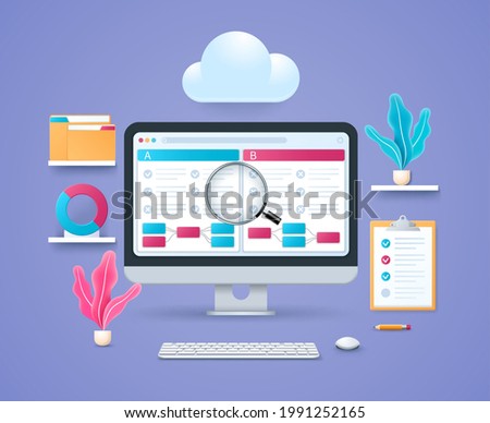 AB Split testing concept. User experience research methodology. Comparing two versions of a single variable. Computer with open diagram pages on screen. Keyboard and mouse. Web vector illustrations in