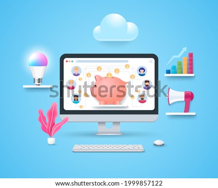 Crowdfunding platform concept. People donate money put coins in huge piggy bank. Computer with piggy bank on screen. Keyboard and mouse. Web vector illustrations in 3D style