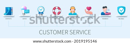 Customer service banner with icons. Contacts, Advice, Quality, Support, Assistance, Care, Feedback, Reliable icons. Web vector infographic in 3D style