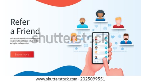 Refer a friend program concept. Hand holds a mobile phone with a list of friends on the screen. Referral program, business partnership banner. Web vector illustrations in 3D style