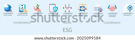 ESG banner with icons. Climate change, waste and pollution, natural capital, health and safety, society, human rights, corporate governance, stakeholder engagement, transparency icons. 