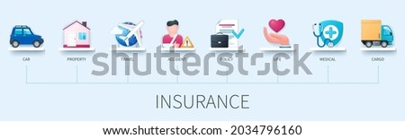 Insurance banner with icons. Car, property, travel, accident, policy, life, medical, cargo icons. Business concept. Web vector infographic in 3D style