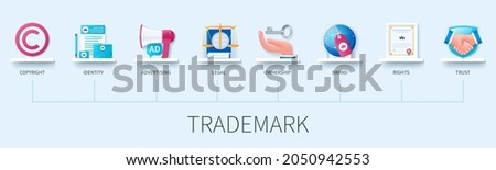 Trademark banner with icons. Copyright, identity, advertising, legal, ownership, brand, rights, trust icons. Business concept. Web vector infographic in 3D style