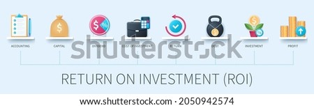Return on investment banner with icons. ROI, accounting, capital, dividend, cost of investment, return, debt, investment, profit icons. Business concept. Web vector infographic in 3D style