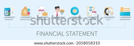 Financial statement banner with icons. Accounting, balance sheet, income statements, audit, cash flow, annual report, equity, documentation icons. Business concept. Web vector infographic in 3D style