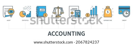 Accounting and finance concept with icons. Audit, Statistics, Ledger, Balance, Budget, Revenue, Expenditure, Credit. Web vector infographic in minimal flat line style