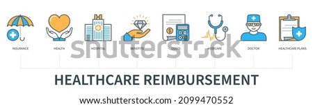 Healthcare reimbursement concept with icons. Insurance, health, hospital, benefits, costs, medicare, doctor, healthcare plans. Web vector infographic in minimal flat line style