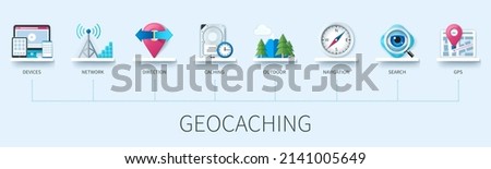 Geocaching banner with icons. Devices, network, direction, caching, outdoor, navigation, search, gps icons. Business concept. Web vector infographic in 3D style