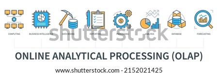 Online analytical processing OLAP concept with icons. Computing, business intelligence, data mining, reporting, processing, analysis, database, forecasting icons. Web vector infographics