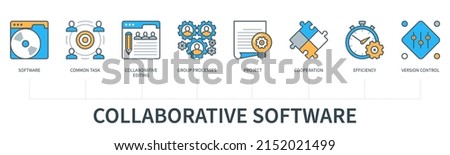 Collaborative software concept with icons. Software, common task, collaborative editing, group process, project, cooperation, efficiency, version control icons. Web vector infographics