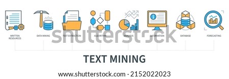 Text mining concept with icons. Written resources, data mining, text extraction, algorithm, analysis, information, database, forecasting icons. Web vector infographic in minimal flat line style