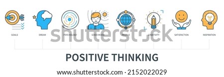 Positive thinking concept with icons. Goals, dream, psychology, people, good mood, inspiration, satisfaction, creativity icons. Web vector infographic in minimal flat line style