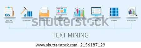 Text mining banner with icons. Written resources, data mining, text extraction, algorithm, analysis, information, database, forecasting icons. Business concept. Web vector infographics in 3d style