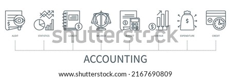 Accounting and finance concept with icons. Audit, Statistics, Ledger, Balance, Budget, Revenue, Expenditure, Credit. Web vector infographic in minimal outline style