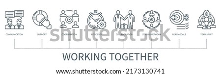 Working together concept with icons. Communication, support, coordination, efficiency, collaboration, strong network, reach goals, team spirit. Web vector infographic in minimal outline style