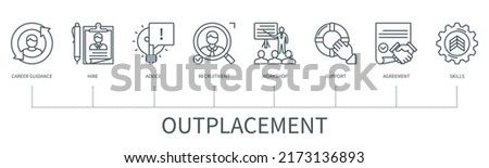 Outplacement concept with icons. Career guidance, hire, advice, recruitment, workshop, support, agreement, skills. Web vector infographic in minimal outline style