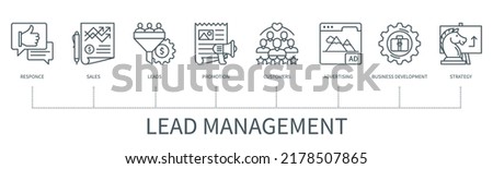 Lead management concept with icons. Response, sales, leads, promotion, customers, advertising, business development, strategy icons. Business banner. Web vector infographic in minimal outline style
