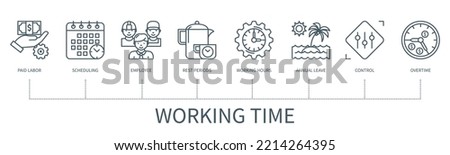 Working time concept with icons. Paid labor, scheduling, employee, rest periods, working hours, annual leave, control, overtime. Business banner. Web vector infographic in minimal outline style