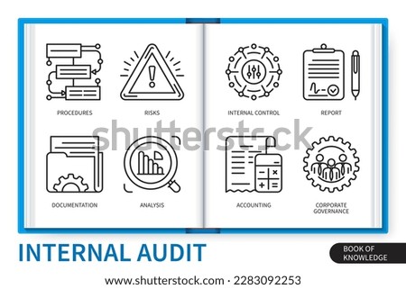 Internal audit infographics elements set. Procedures, risks, analysis, scope, documentation, accounting, internal control, corporate governance. Web vector linear icons collection