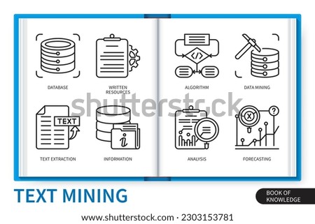 Text mining infographics elements set. Written resources, data mining, text extraction, algorithm, analysis, information, database, forecasting. Web vector linear icons collection