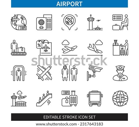 Editable line Airport outline icon set. Plane, Takeoff, Landing, Customs, Check-in, Travel, Luggage, Security. Editable stroke icons EPS