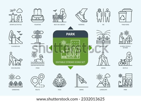 Editable line Outdoor Park outline icon set. Pond, Fountain, Dog Walking, Running, Yoga, Swing, Playground, Sport Activities. Editable stroke icons EPS