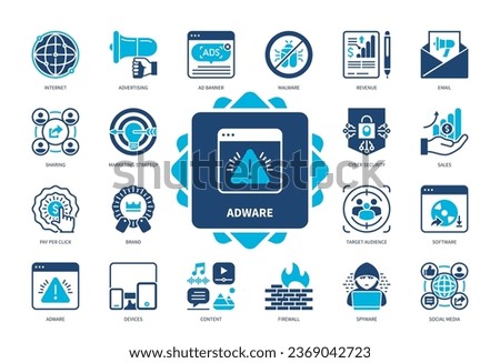 Adware icon set. AD Banner, Software, Pay per Click, Spyware, Malware, Internet, Advertising, Firewall. Duotone color solid icons