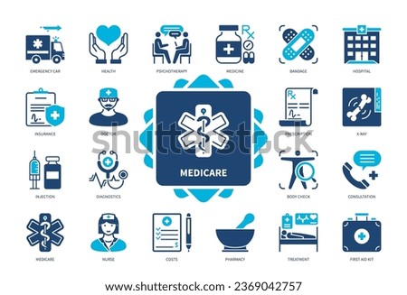 Medicare icon set. Hospital, Doctor, Costs, Consultation, Emergency Car, Health, Medicine, Insurance. Duotone color solid icons