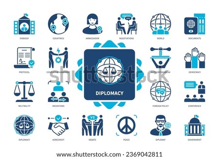 Diplomacy icon set. Embassy, Ambassador, Negotiations, Foreign Policy, Government, Democracy, Neutrality, Peace. Duotone color solid icons