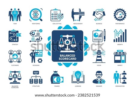 Balanced Scorecard icon set. Strategy, Manager, Customer, Monitoring, Finance, Business, Goal Setting, Market. Duotone color solid icons